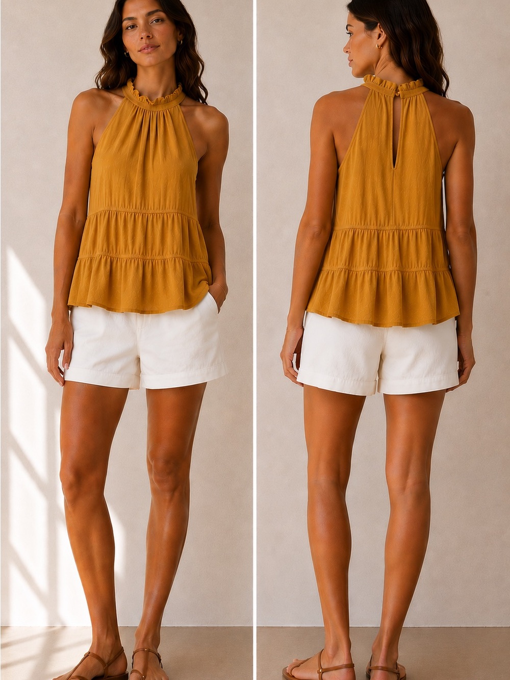 RO & DE Mustard Halter Tiered Blouse NWT Ruffle Neck Top